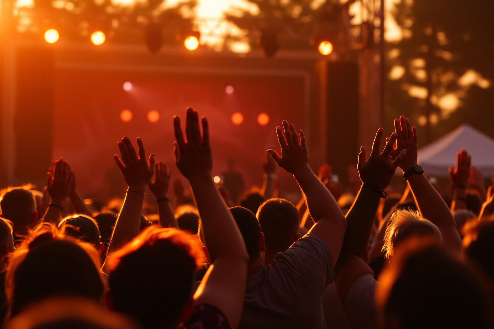 Diverse outdoor audience with hands raised at a summer music festival at golden hour